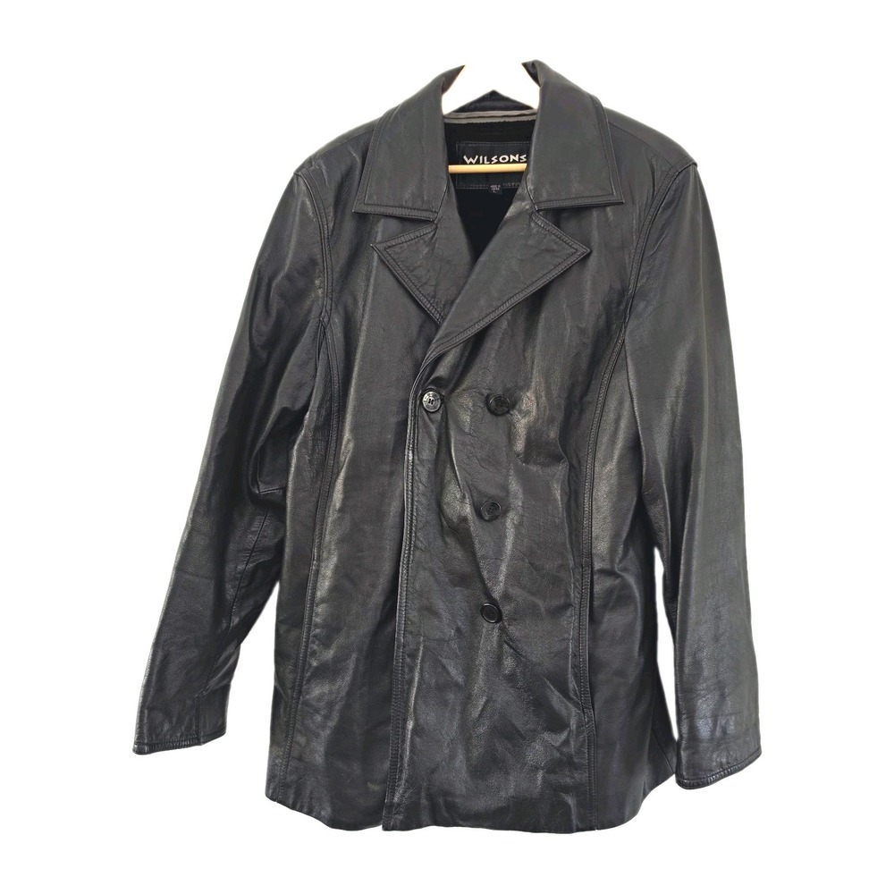 Wilsons Womens Black Leather Pea Coat Jacket Lined Button Collared Size L